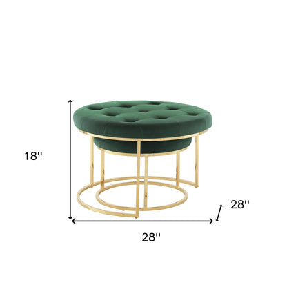 Set of Two Green Velvet and Gold Tufted Round Ottomans