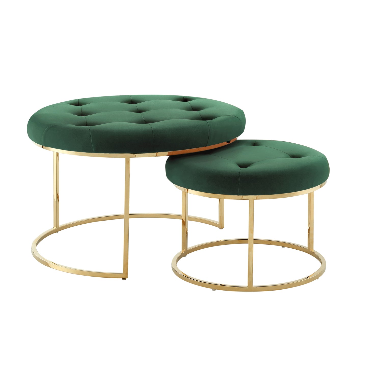 Set of Two Green Velvet and Gold Tufted Round Ottomans