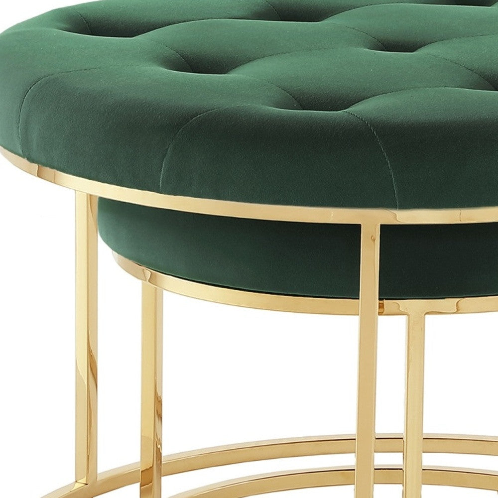 Set of Two Green Velvet and Gold Tufted Round Ottomans