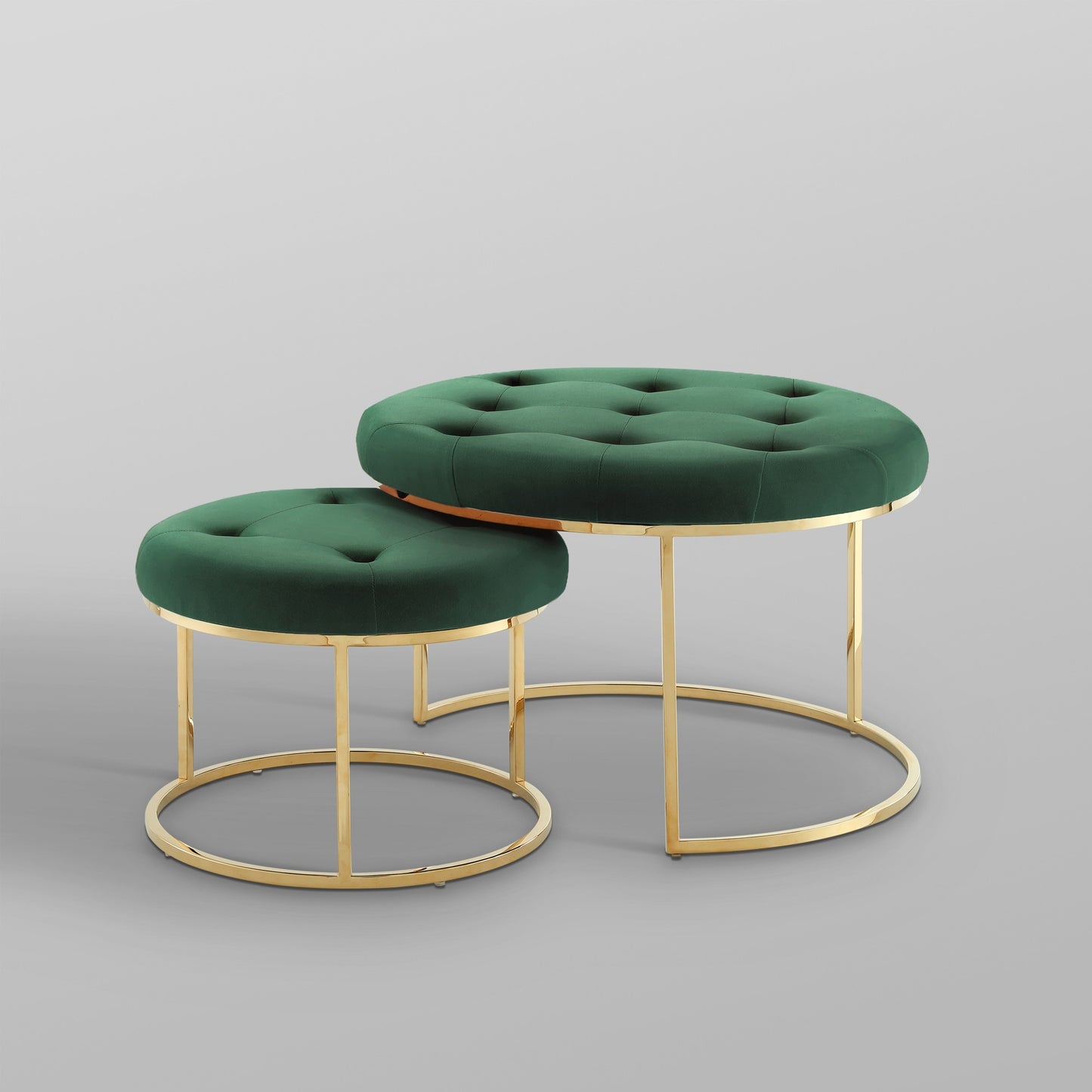 Set of Two Green Velvet and Gold Tufted Round Ottomans