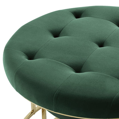 Set of Two Green Velvet and Gold Tufted Round Ottomans