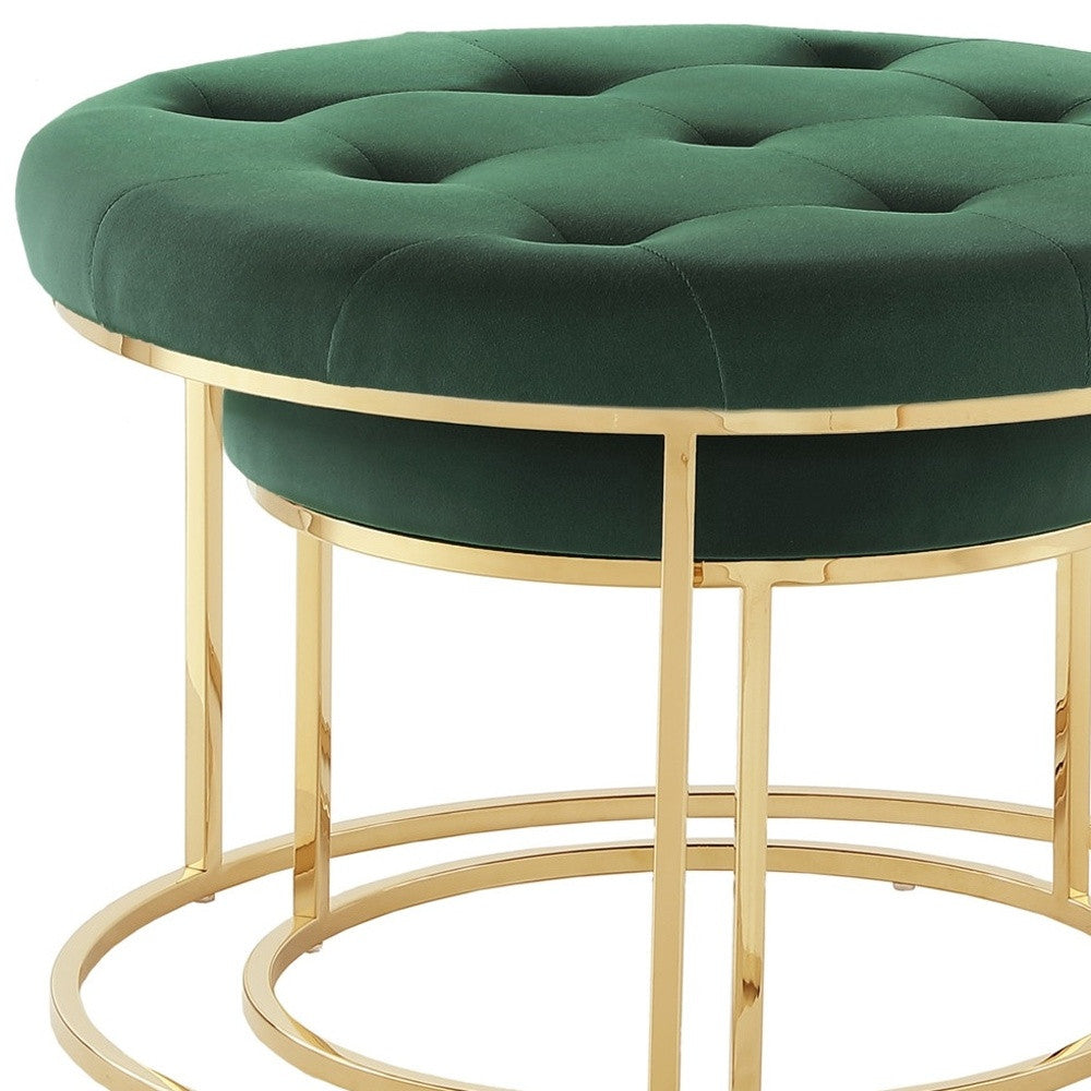 Set of Two Green Velvet and Gold Tufted Round Ottomans