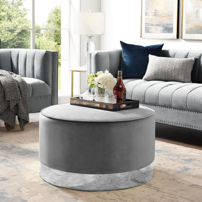 31" Gray Velvet and Silver Round Cocktail Ottoman