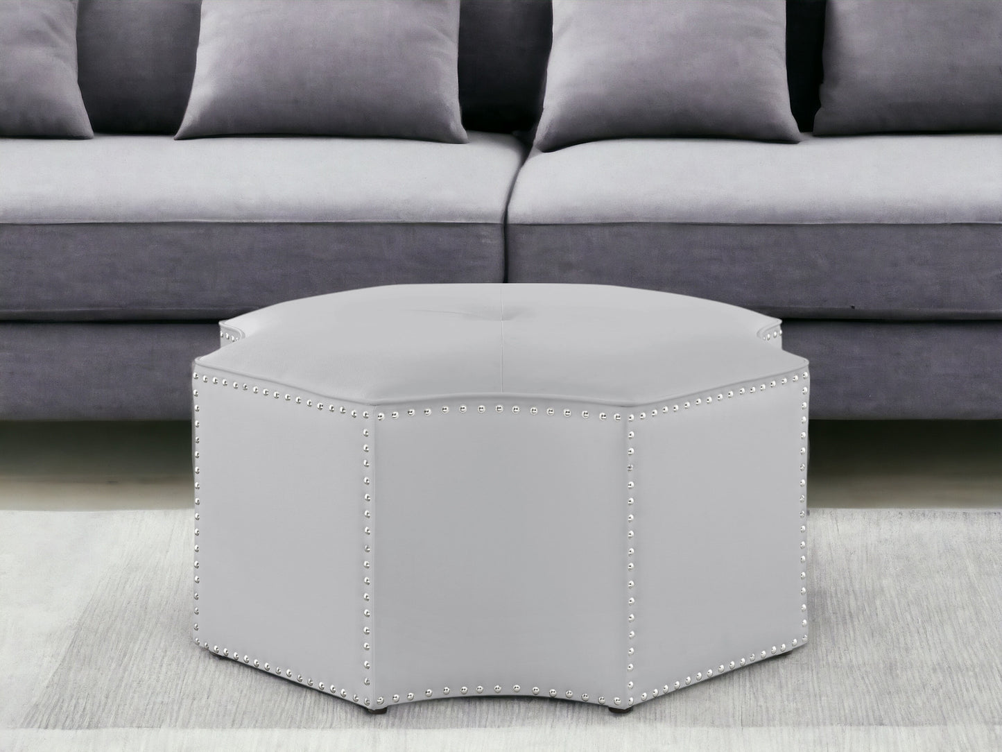 33" White Faux Leather Tufted Octagonal Cocktail Ottoman