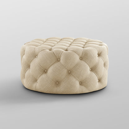 33" White Linen Rolling Tufted Round Cocktail Ottoman