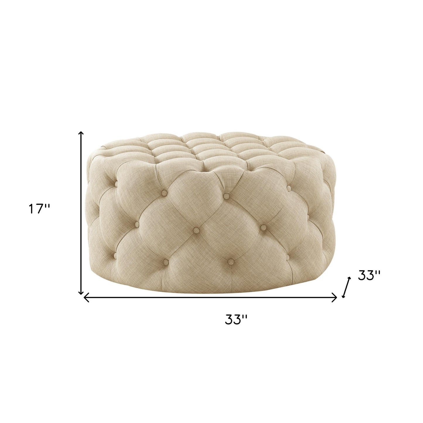 33" White Linen Rolling Tufted Round Cocktail Ottoman