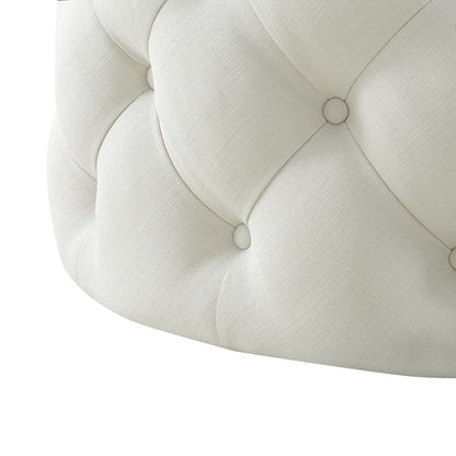 33" White Linen Rolling Tufted Round Cocktail Ottoman