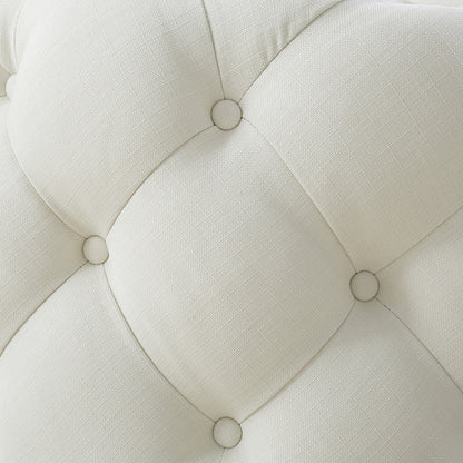 33" White Linen Rolling Tufted Round Cocktail Ottoman