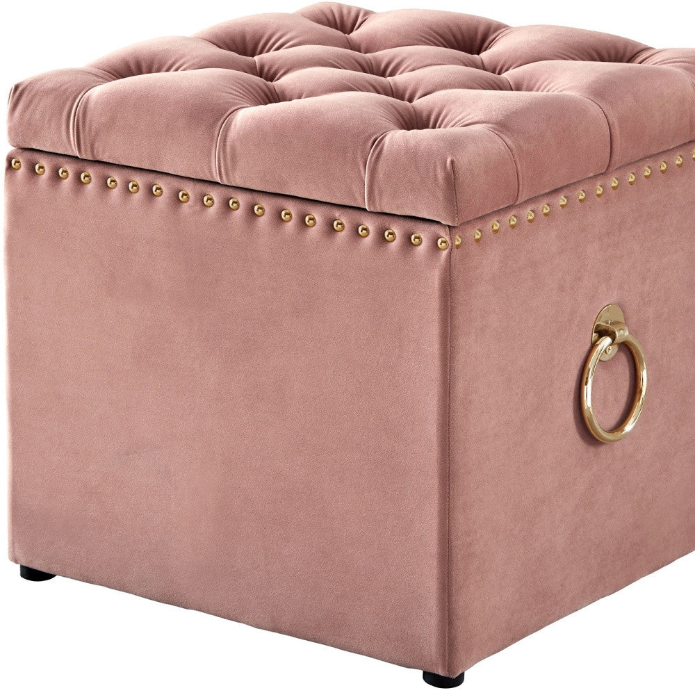 18" Blush Velvet And Black Tufted Storage