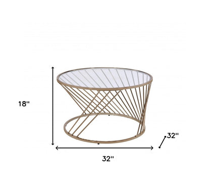 32" Champagne And Clear Glass And Metal Round Coffee Table