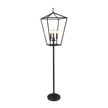 64" Black Three Light Floor Lamp With Black Geometric Shade