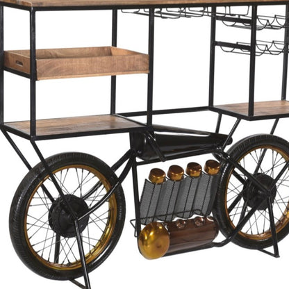 Brown and Black Metal And Solid Wood Bar Cart With Wine Storage