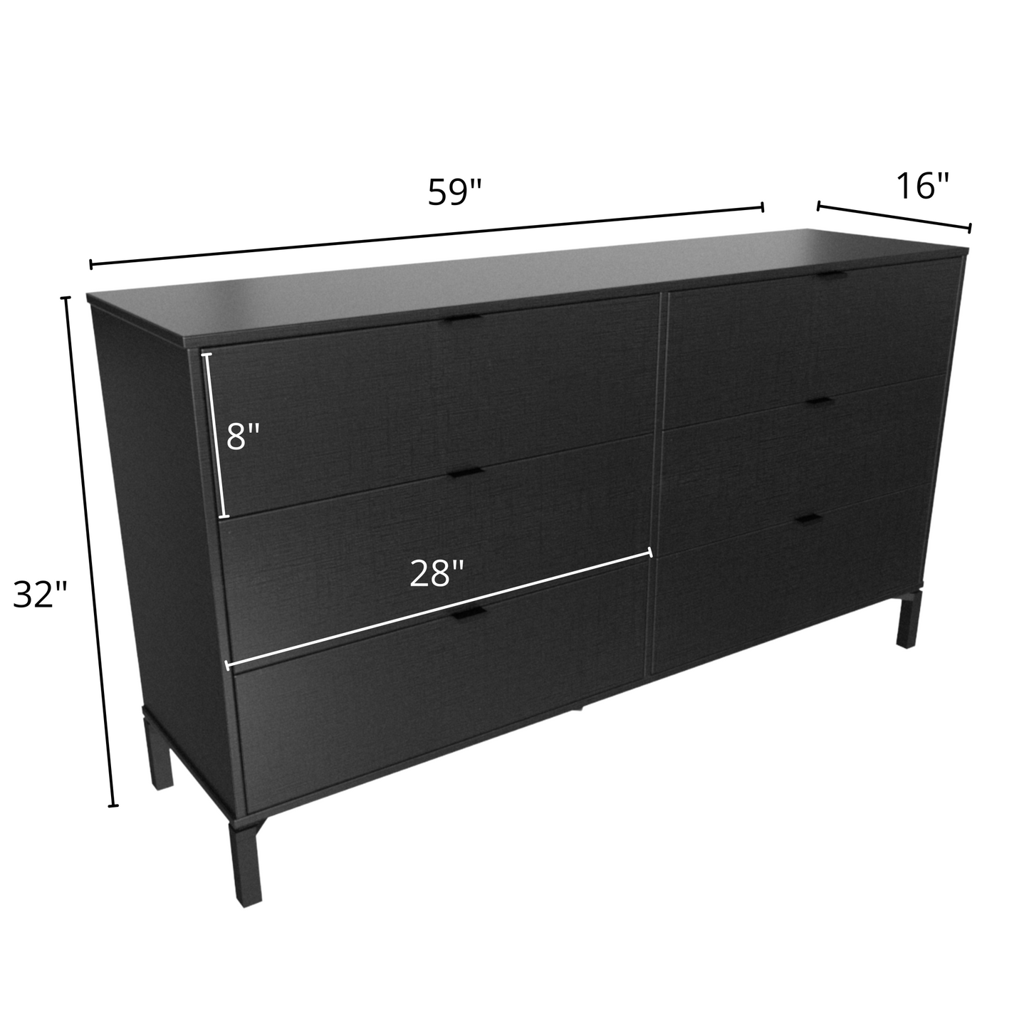 59" Black Charcoal Six Drawer Double Dresser