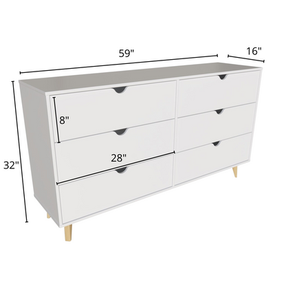 59" White Scoop Handle Six Drawer Double Dresser