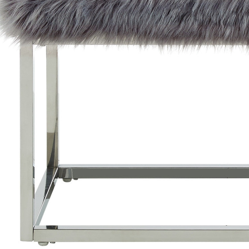 40" Gray And Silver Upholstered Faux Fur Bench