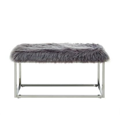 40" Gray And Silver Upholstered Faux Fur Bench