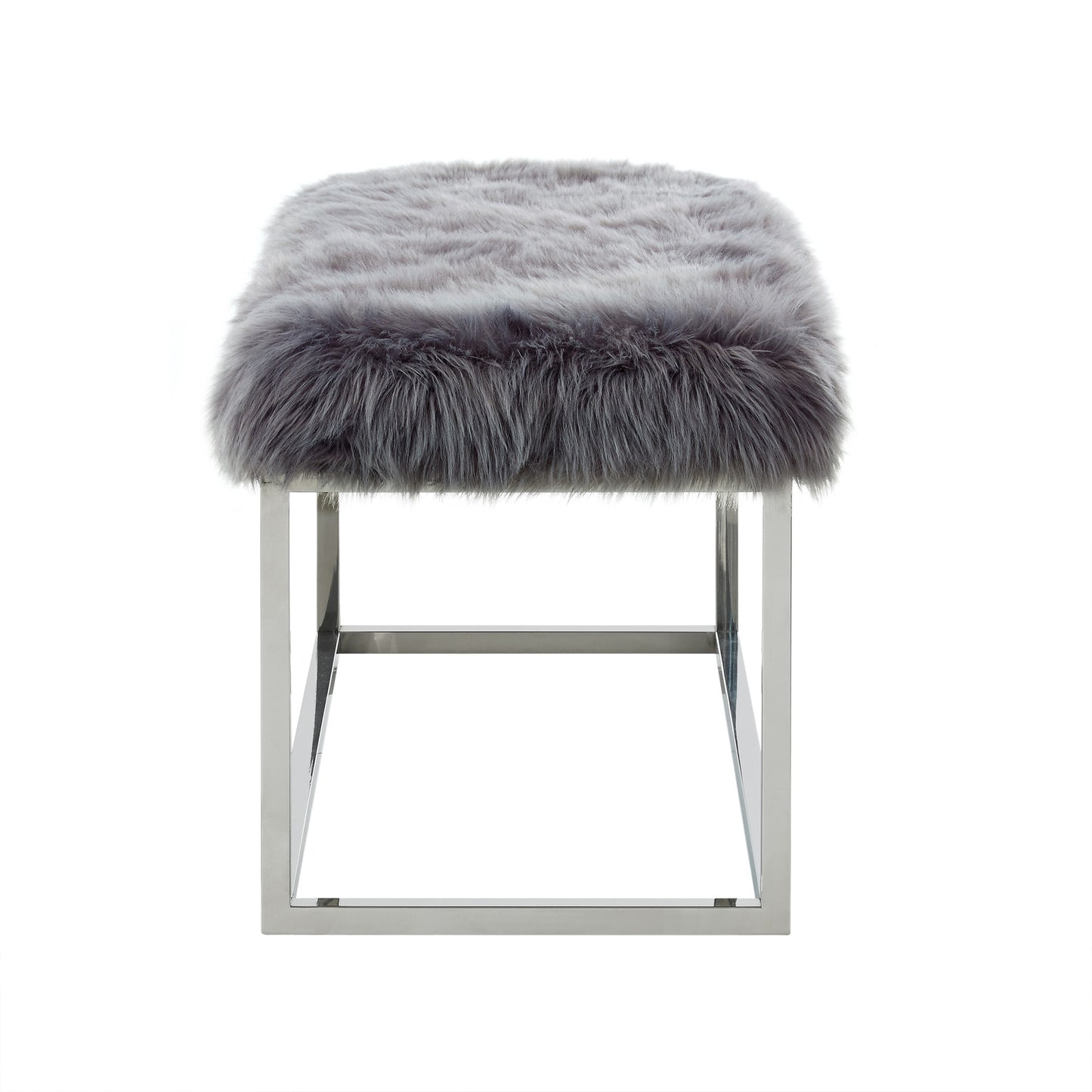 40" Gray And Silver Upholstered Faux Fur Bench