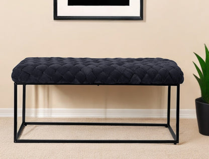 39" Navy Blue and Black Velvet Upholstered Bench