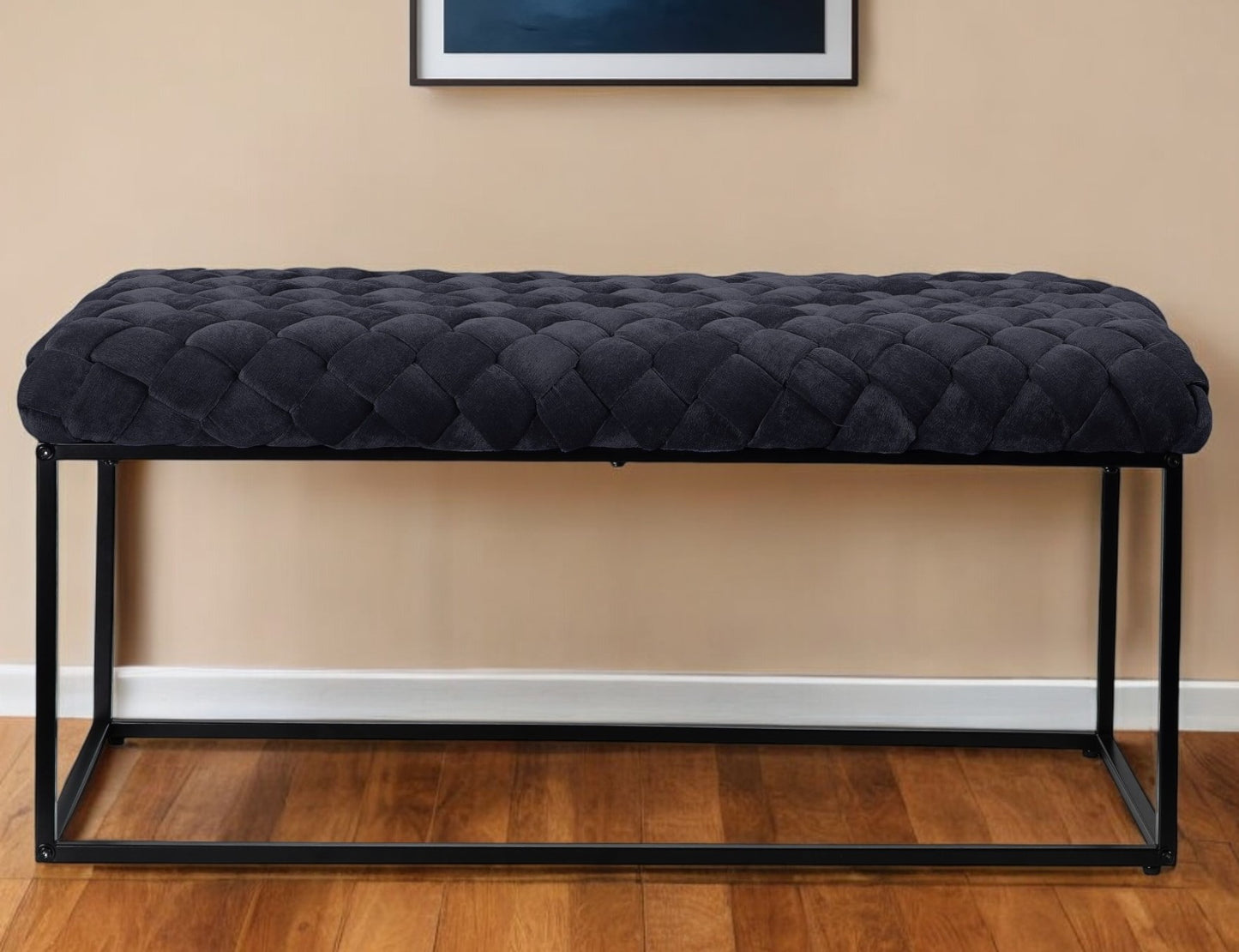 39" Navy Blue and Black Velvet Upholstered Bench