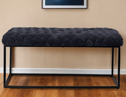 39" Navy Blue and Black Velvet Upholstered Bench