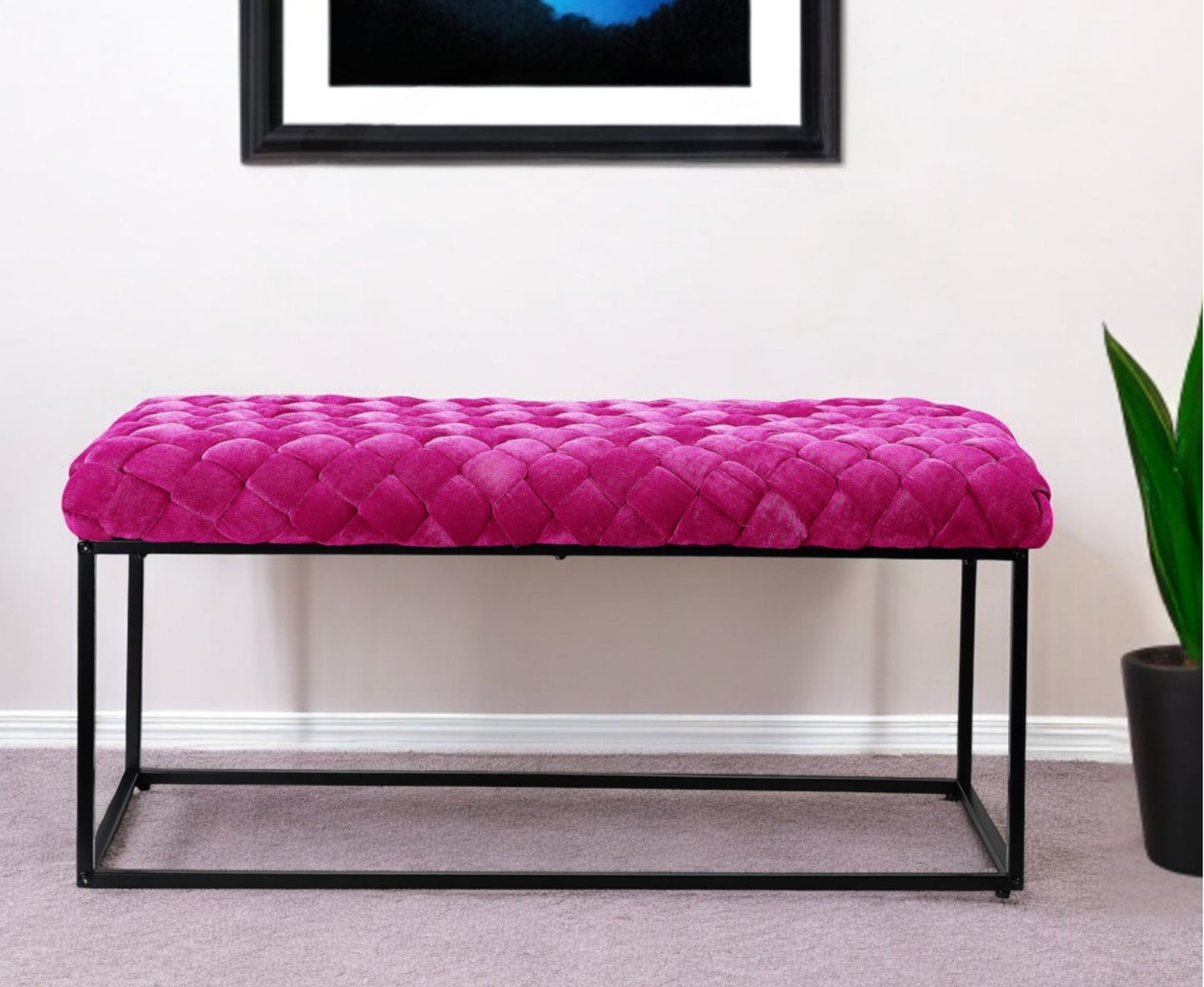 39" Navy Blue and Black Velvet Upholstered Bench