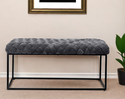 39" Navy Blue and Black Velvet Upholstered Bench