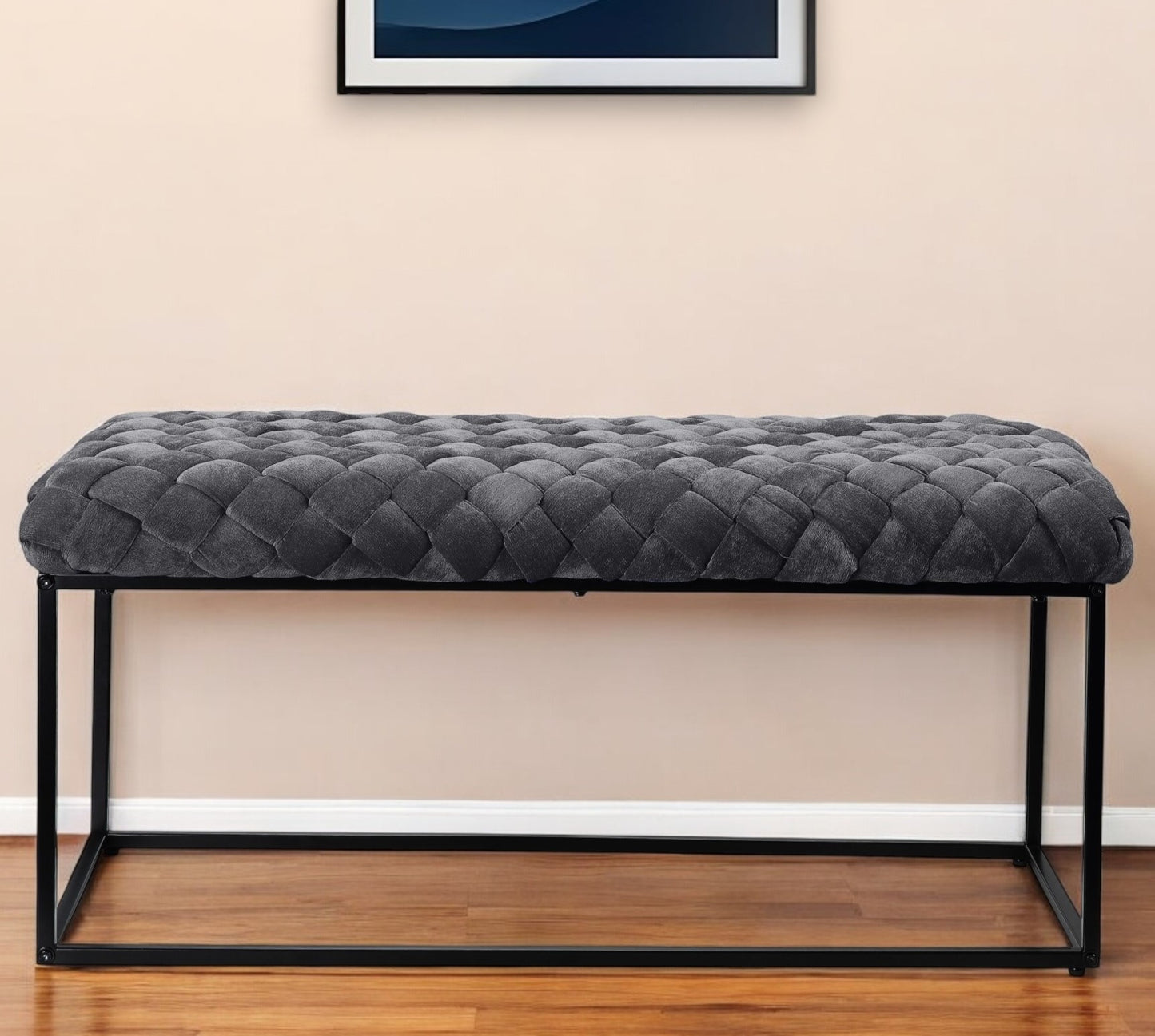 39" Navy Blue and Black Velvet Upholstered Bench