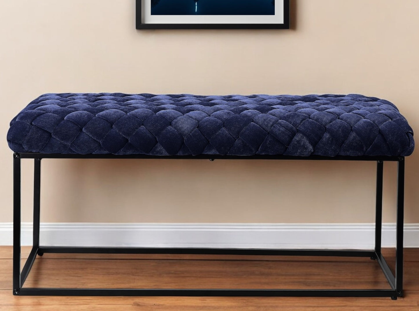 39" Navy Blue and Black Velvet Upholstered Bench