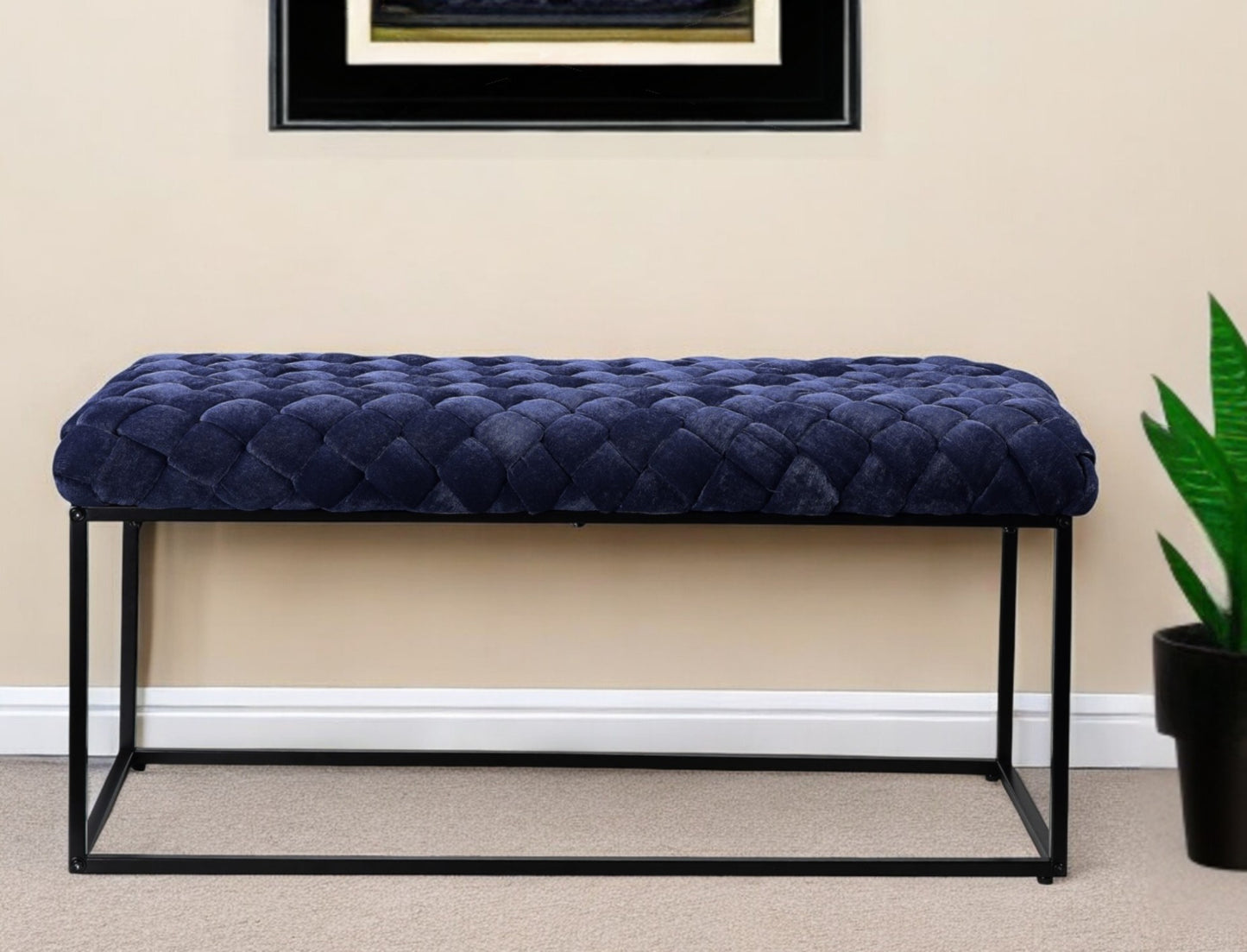 39" Navy Blue and Black Velvet Upholstered Bench