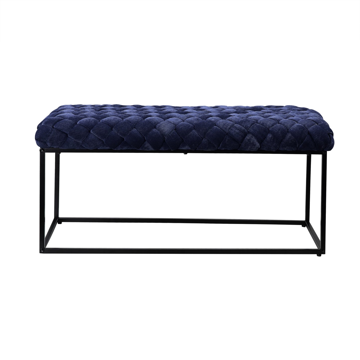 39" Navy Blue and Black Velvet Upholstered Bench