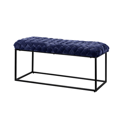 39" Navy Blue and Black Velvet Upholstered Bench