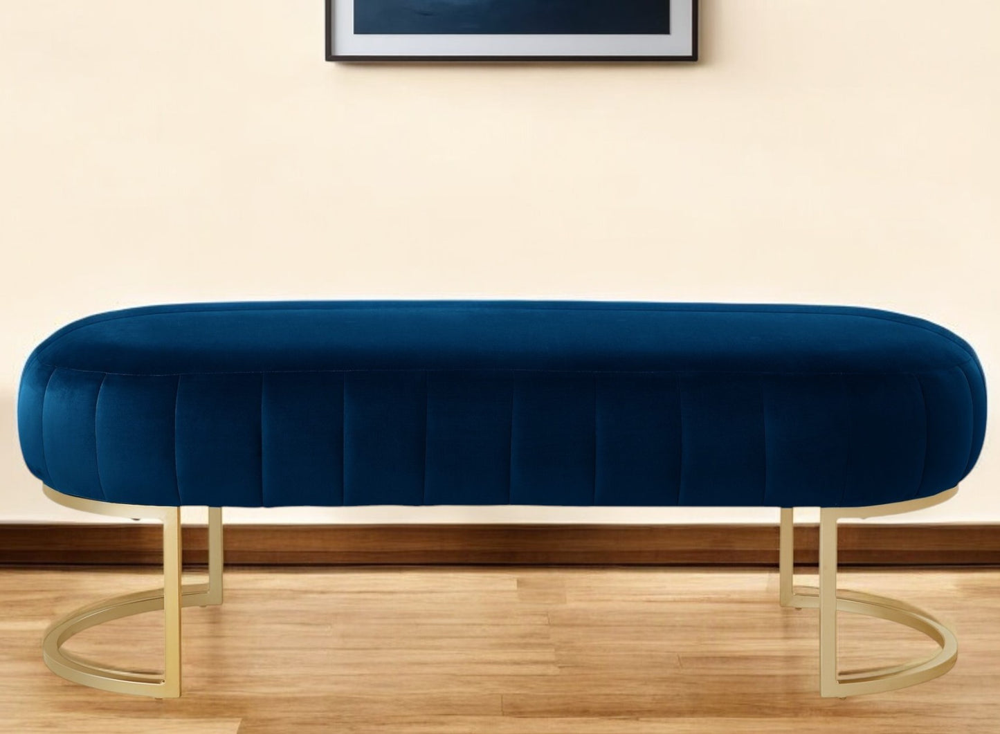 53" Navy Blue and Gold Tufted Velvet Upholstered Bench