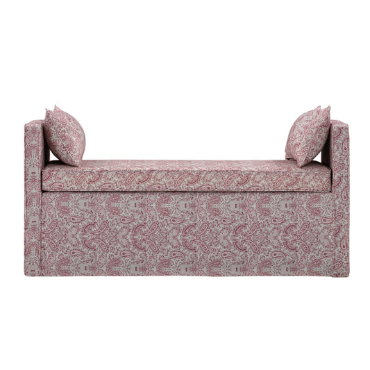 53" Red and Ivory Upholstered Linen Paisley Bench