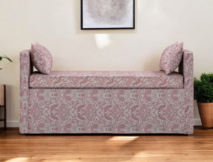 53" Red and Ivory Upholstered Linen Paisley Bench