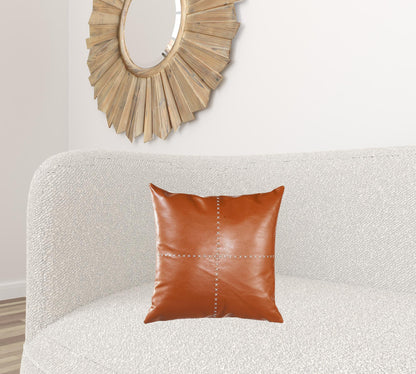 18" X 18" Brown And Beige Zippered Handmade Faux Leather Throw Pillow