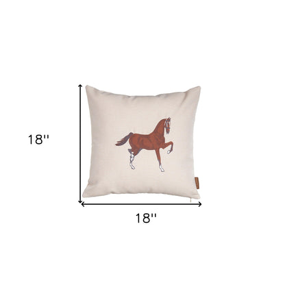 18" X 18" Beige Horse Animal Print Zippered Handmade Polyester Throw Pillow With Embroidery