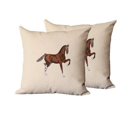 Set Of Two 18" X 18" Beige And Brown Horse Polyester Zippered Pillow With Embroidery