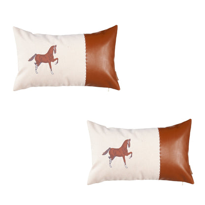 Set Of Two 20" X 12" Beige And Brown Horse Zippered Handmade Faux Leather Lumbar Pillow With Embroidery