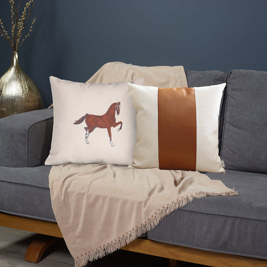 Set of Two Beige and Brown Horse Color Block Fabric and Faux Leather Throw Pillows with Embroidery