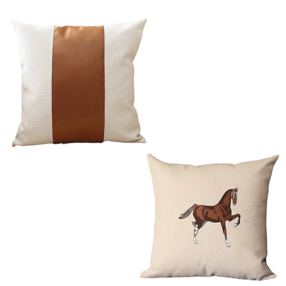 Set Of Two 18" X 18" Beige And Brown Horse Faux Leather Zippered Pillow With Embroidery