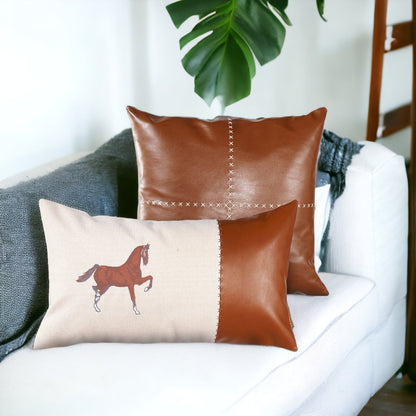 Set of Two Beige Horse Zippered Pillow With Embroidery