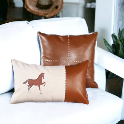 Set of Two Beige Horse Zippered Pillow With Embroidery