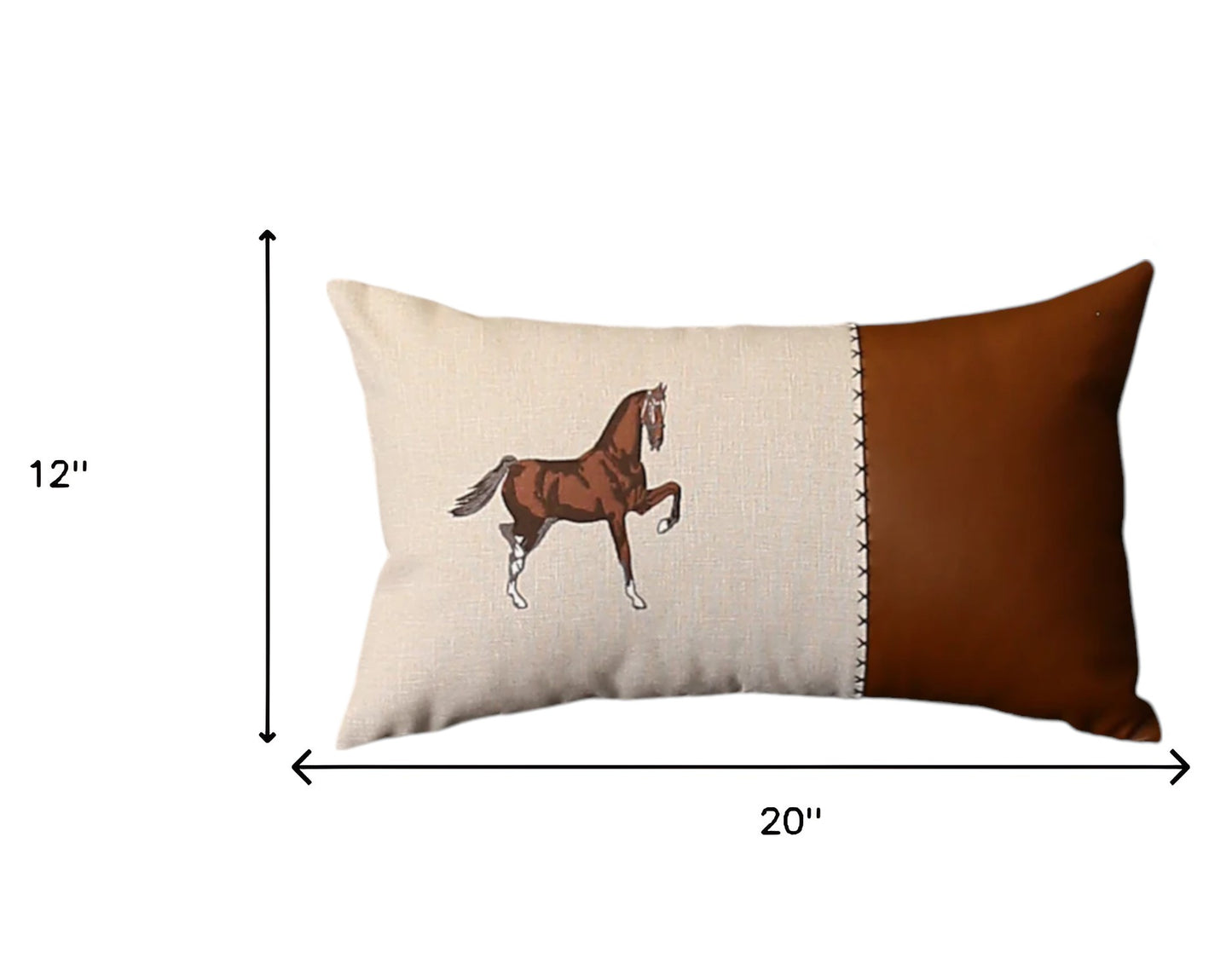 Set Of Two 20" X 12" Beige And Brown Horse Faux Leather Zippered Pillow With Embroidery