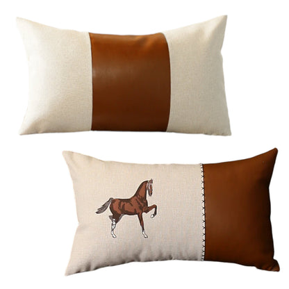 Set Of Two 20" X 12" Beige And Brown Horse Faux Leather Zippered Pillow With Embroidery