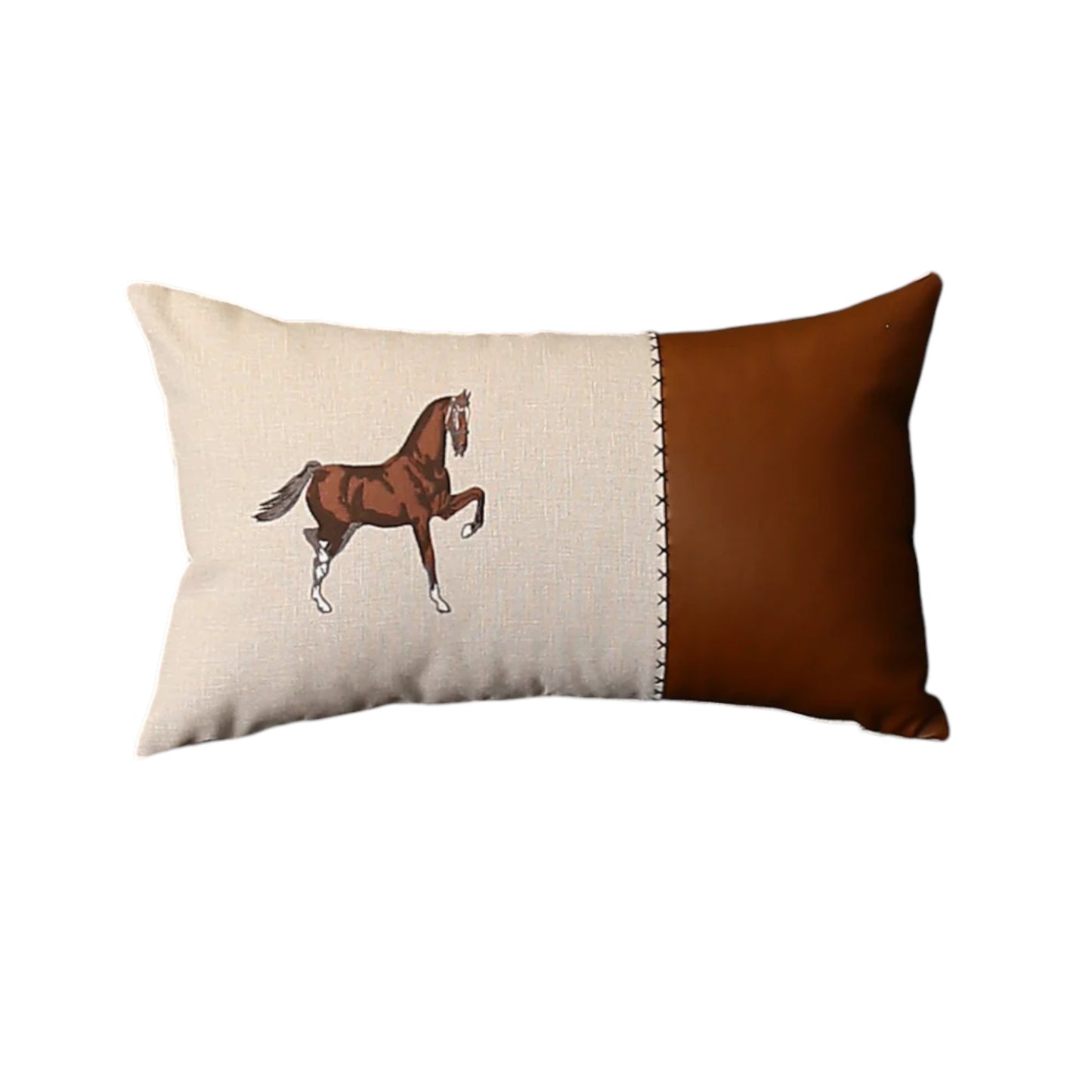 Set Of Four 20" X 12" Beige And Brown Horse Faux Leather Zippered Pillow With Embroidery