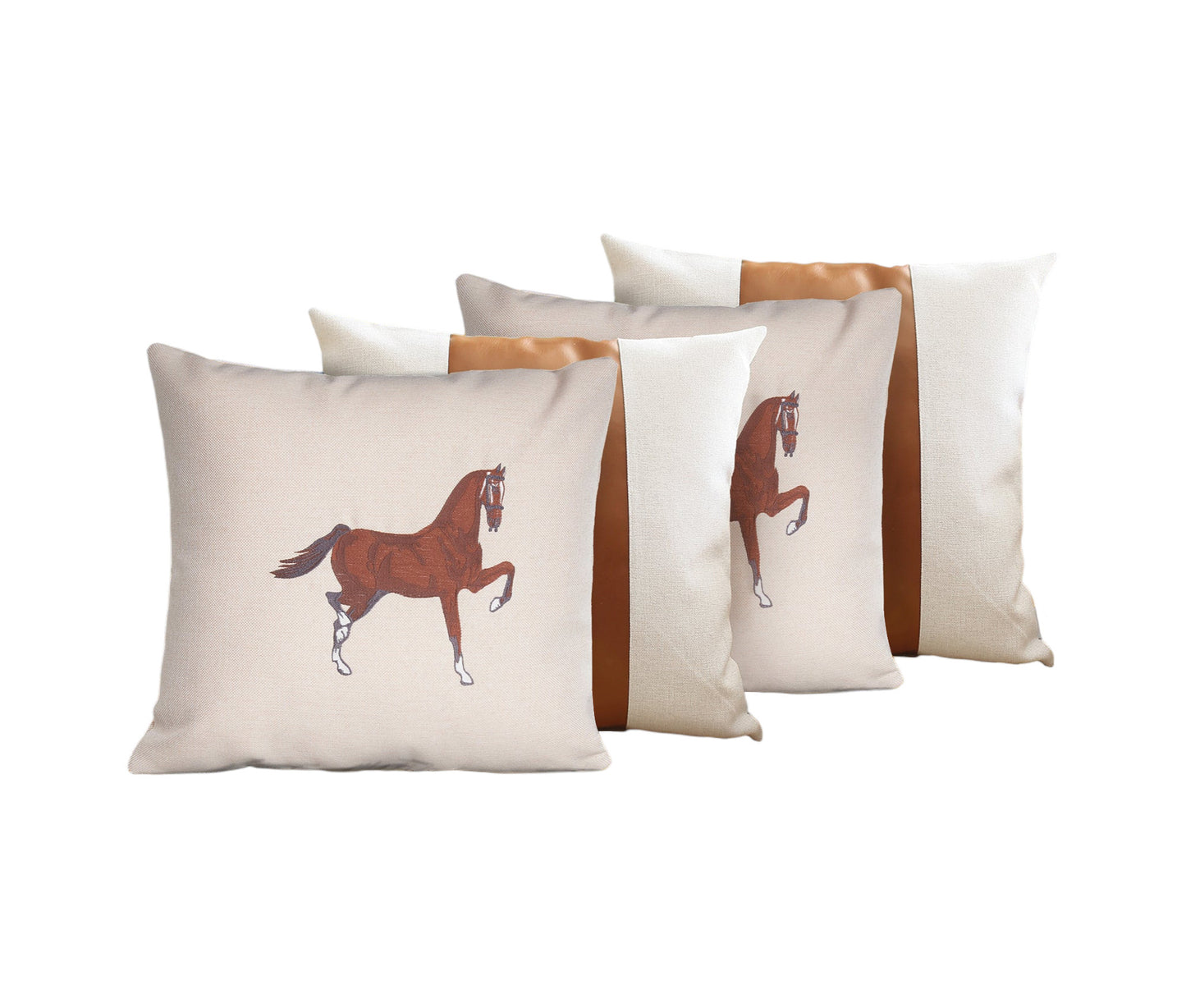 Set Of Four 18" X 18" Beige And Brown Horse Faux Leather Zippered Pillow With Embroidery