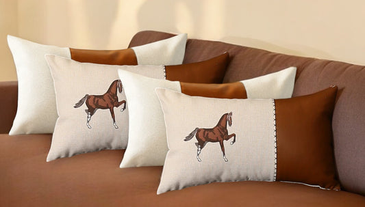 Set Of Four 20" X 12" Beige And Brown Horse Faux Leather Zippered Pillow With Embroidery