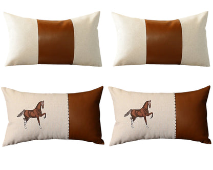 Set Of Four 20" X 12" Beige And Brown Horse Faux Leather Zippered Pillow With Embroidery