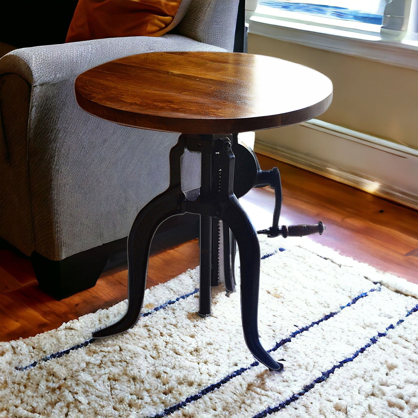 19" Black And Chestnut Solid Wood And Iron Height Adjustable Round End Table