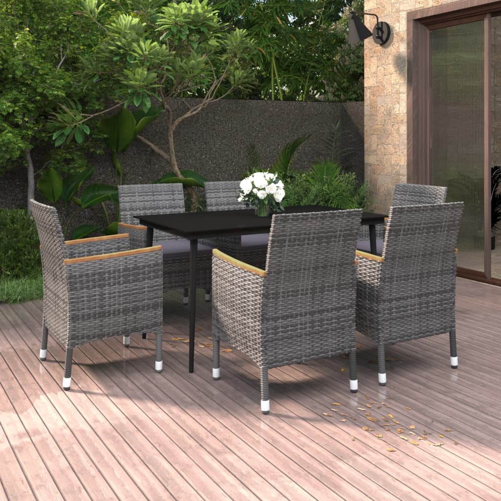 7 Piece Patio Dining Set with Cushions Poly Rattan and Glass